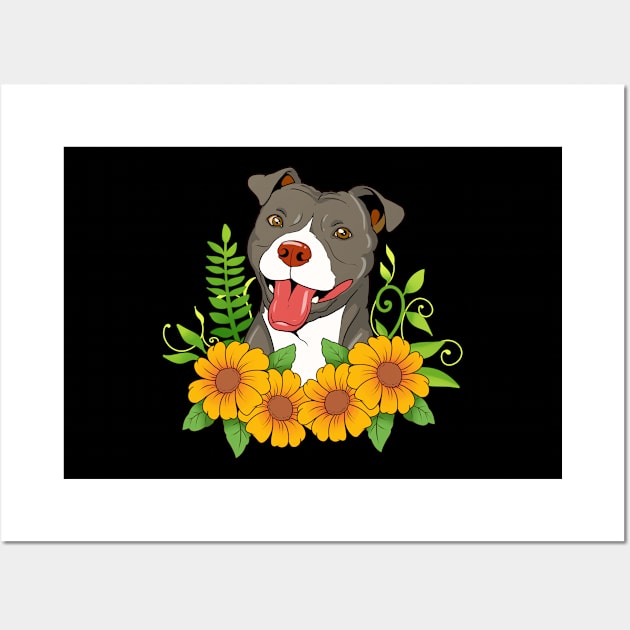 Cute Womens Pitbull Design Pit Bull And Flowers Gift Print Wall Art by Linco